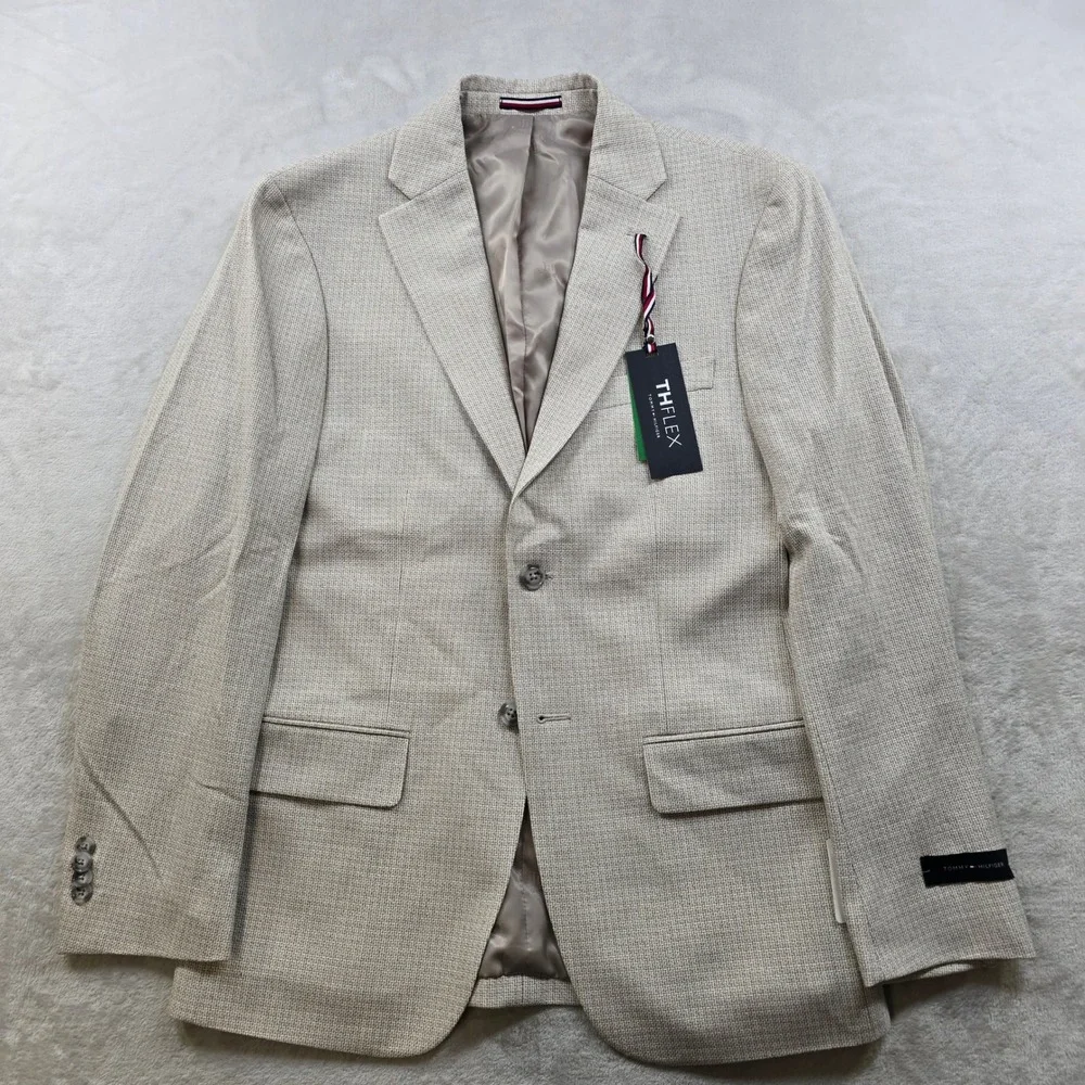 Tommy‎ Hilfiger Modern Fit Sport Coat Mens 36S White Tan Beige Check Blazer NEW